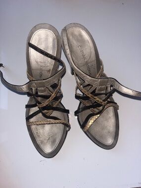 CNC Costume National Gold and Black Strappy Pointed-Toe Sandals